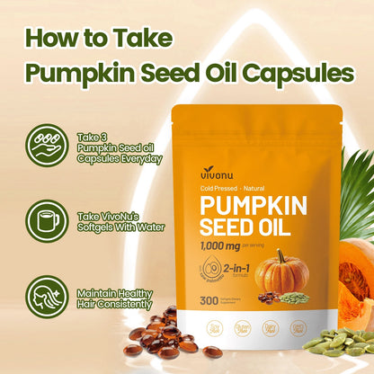VivoNu Pumpkin Seed Oil with Saw Palmetto Capsules | Cold Pressed, Pure Virgin Oil, Essential Fatty Acids & Phytosterols | 300 SoftgelsSupports Hair, Urinary, Bladder & Prostate Health | Non-GMO