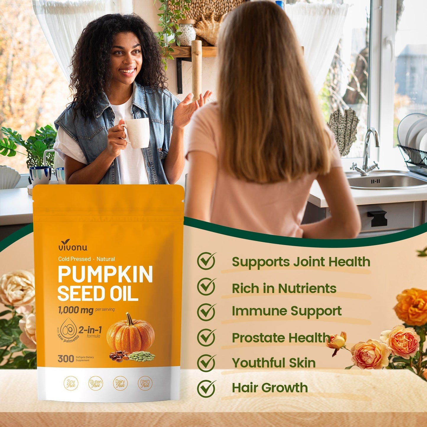 VivoNu Pumpkin Seed Oil with Saw Palmetto Capsules | Cold Pressed, Pure Virgin Oil, Essential Fatty Acids & Phytosterols | 300 SoftgelsSupports Hair, Urinary, Bladder & Prostate Health | Non-GMO
