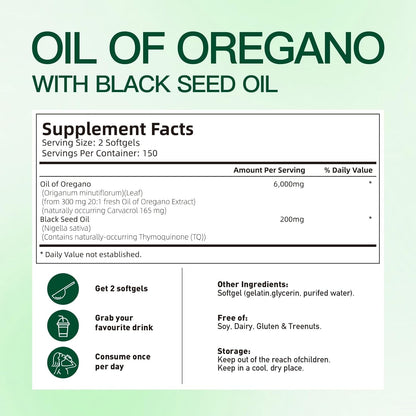 VivoNu Oil of Oregano with Black Seed Oil, Balanced Oil of Oregano Capsules, 300 Count Organic OreganoOil Softgels,Carvacrol,Thymoquinone, Non-GMO