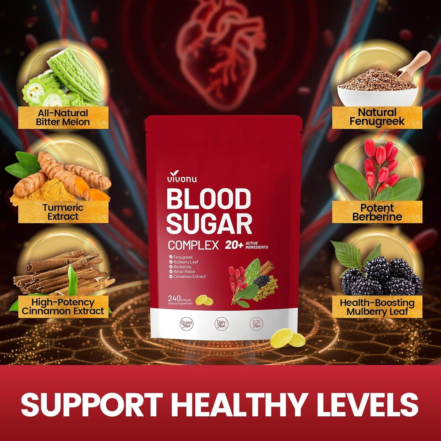 VivoNu Blood Sugar Complex Supplement | Advanced Formula with 20 Herbs and Vitamins with Cinnamon, Turmeric, Black Pepper, Licorice and More, Vegan, Non-GMO, Gluten-Free