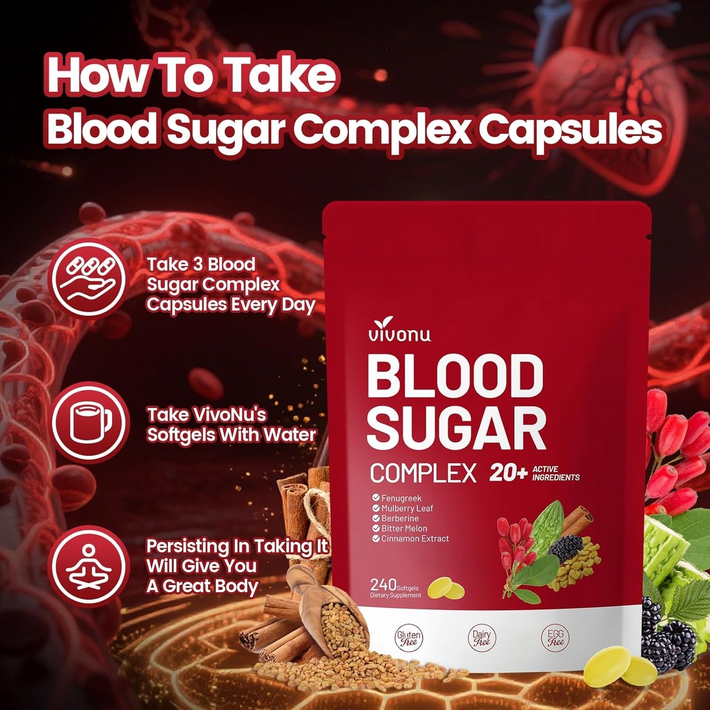 VivoNu Blood Sugar Complex Supplement | Advanced Formula with 20 Herbs and Vitamins with Cinnamon, Turmeric, Black Pepper, Licorice and More, Vegan, Non-GMO, Gluten-Free