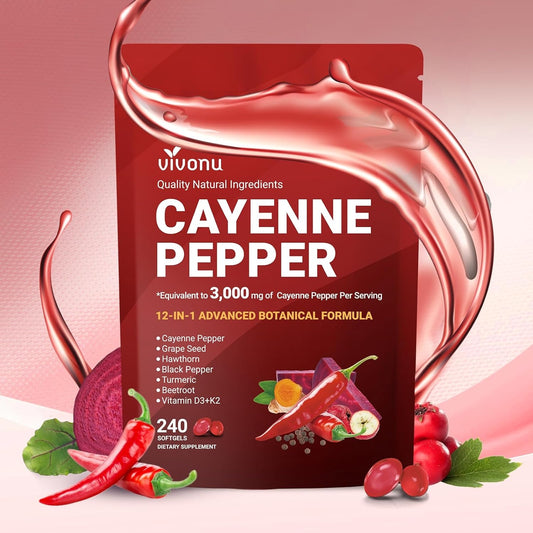 VivoNu Cayenne Pepper Softgels Supplement, Supports Leg Vein, Heart and Blood Vessel Health, with Vitamin E D3+K2 and Extracts of Grape Seed, Hawthorn, Beetroot, Berberine and Other