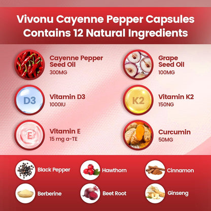 VivoNu Cayenne Pepper Softgels Supplement, Supports Leg Vein, Heart and Blood Vessel Health, with Vitamin E D3+K2 and Extracts of Grape Seed, Hawthorn, Beetroot, Berberine and Other