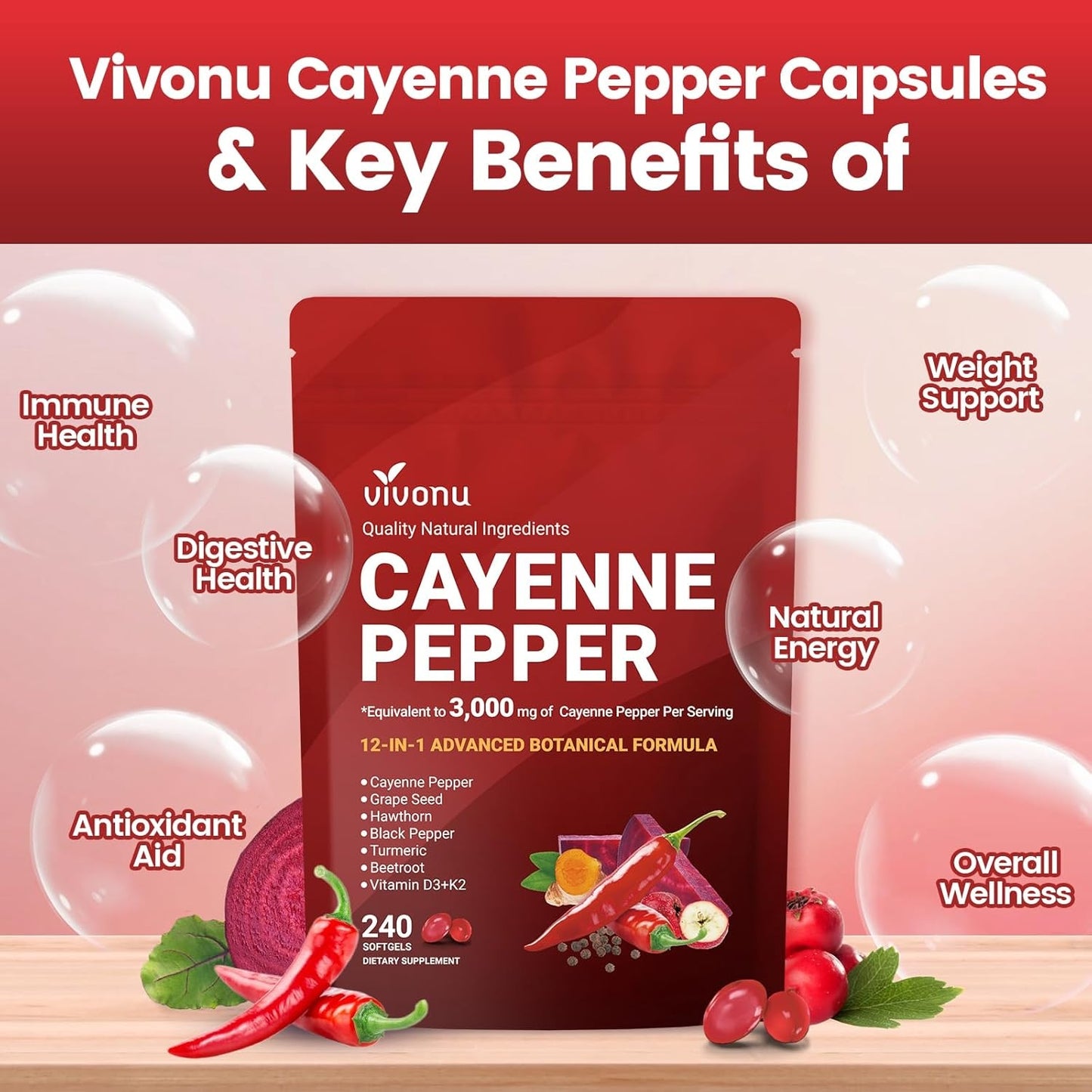 VivoNu Cayenne Pepper Softgels Supplement, Supports Leg Vein, Heart and Blood Vessel Health, with Vitamin E D3+K2 and Extracts of Grape Seed, Hawthorn, Beetroot, Berberine and Other
