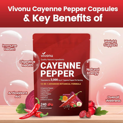 VivoNu Cayenne Pepper Softgels Supplement, Supports Leg Vein, Heart and Blood Vessel Health, with Vitamin E D3+K2 and Extracts of Grape Seed, Hawthorn, Beetroot, Berberine and Other