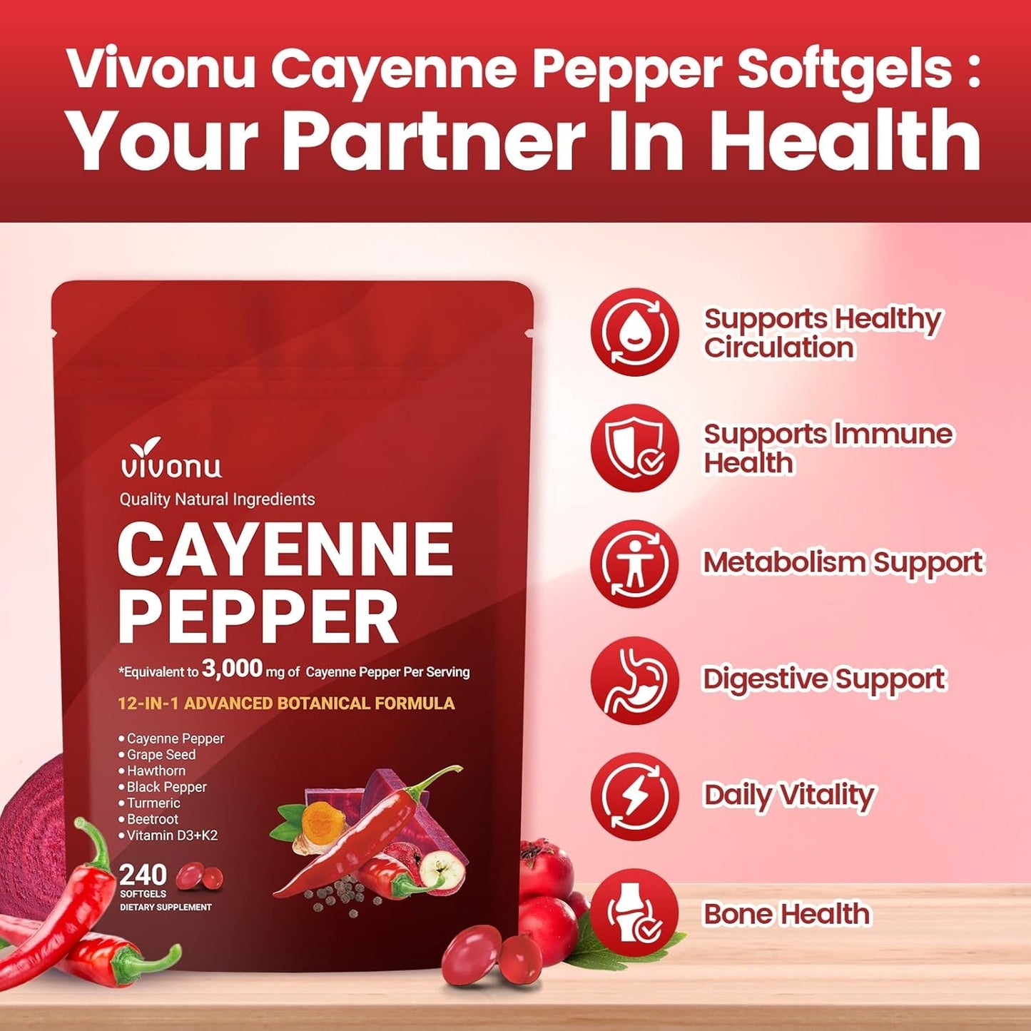 VivoNu Cayenne Pepper Softgels Supplement, Supports Leg Vein, Heart and Blood Vessel Health, with Vitamin E D3+K2 and Extracts of Grape Seed, Hawthorn, Beetroot, Berberine and Other