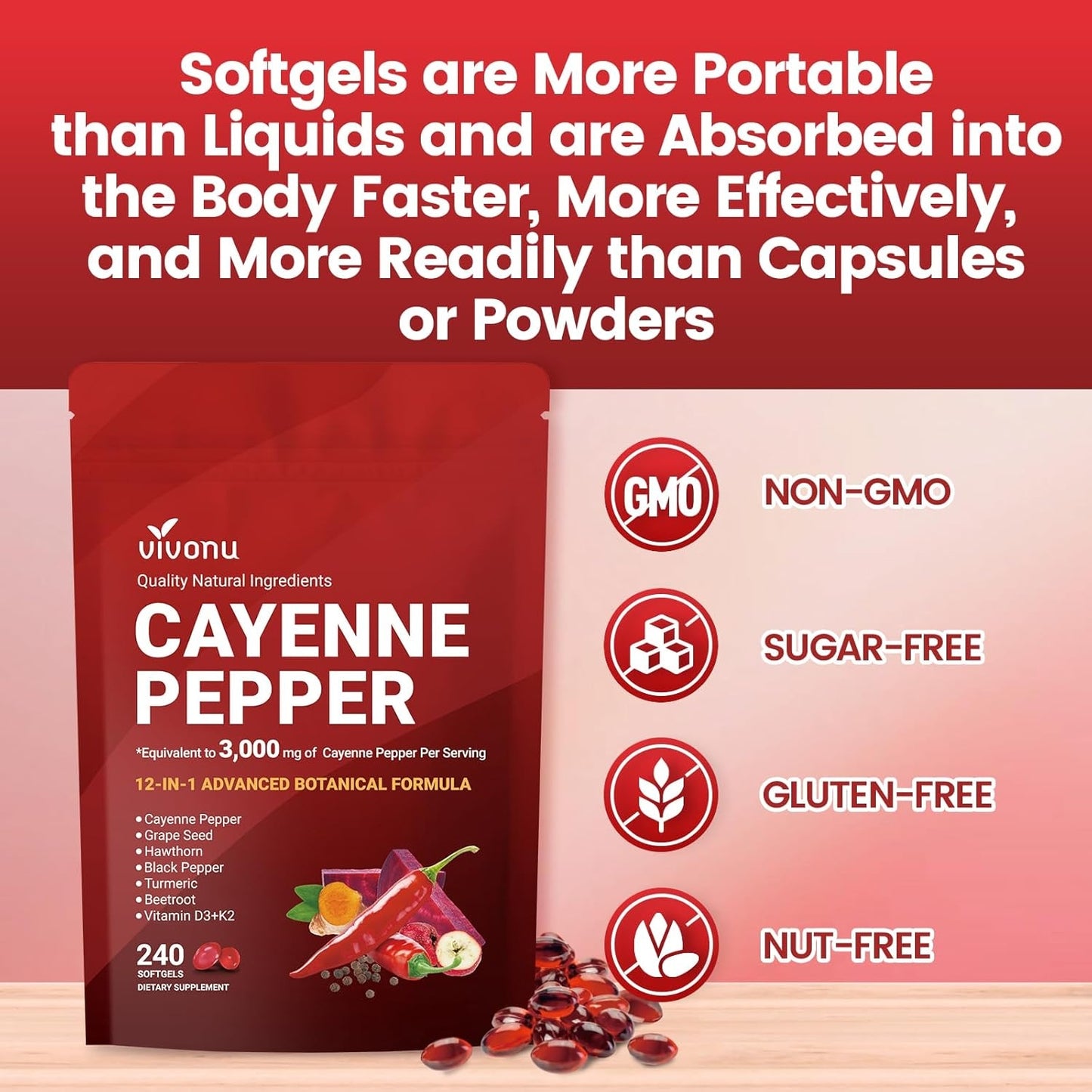 VivoNu Cayenne Pepper Softgels Supplement, Supports Leg Vein, Heart and Blood Vessel Health, with Vitamin E D3+K2 and Extracts of Grape Seed, Hawthorn, Beetroot, Berberine and Other