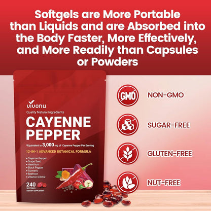 VivoNu Cayenne Pepper Softgels Supplement, Supports Leg Vein, Heart and Blood Vessel Health, with Vitamin E D3+K2 and Extracts of Grape Seed, Hawthorn, Beetroot, Berberine and Other