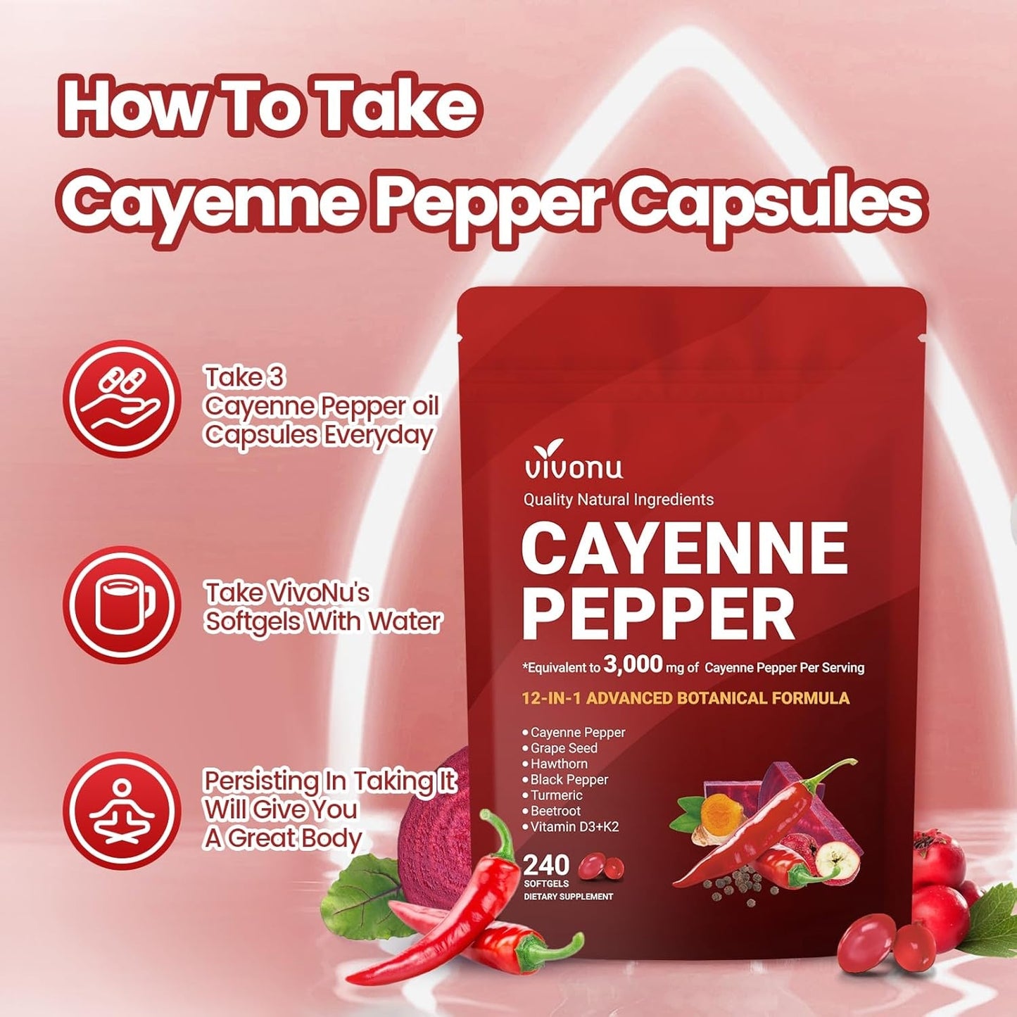 VivoNu Cayenne Pepper Softgels Supplement, Supports Leg Vein, Heart and Blood Vessel Health, with Vitamin E D3+K2 and Extracts of Grape Seed, Hawthorn, Beetroot, Berberine and Other