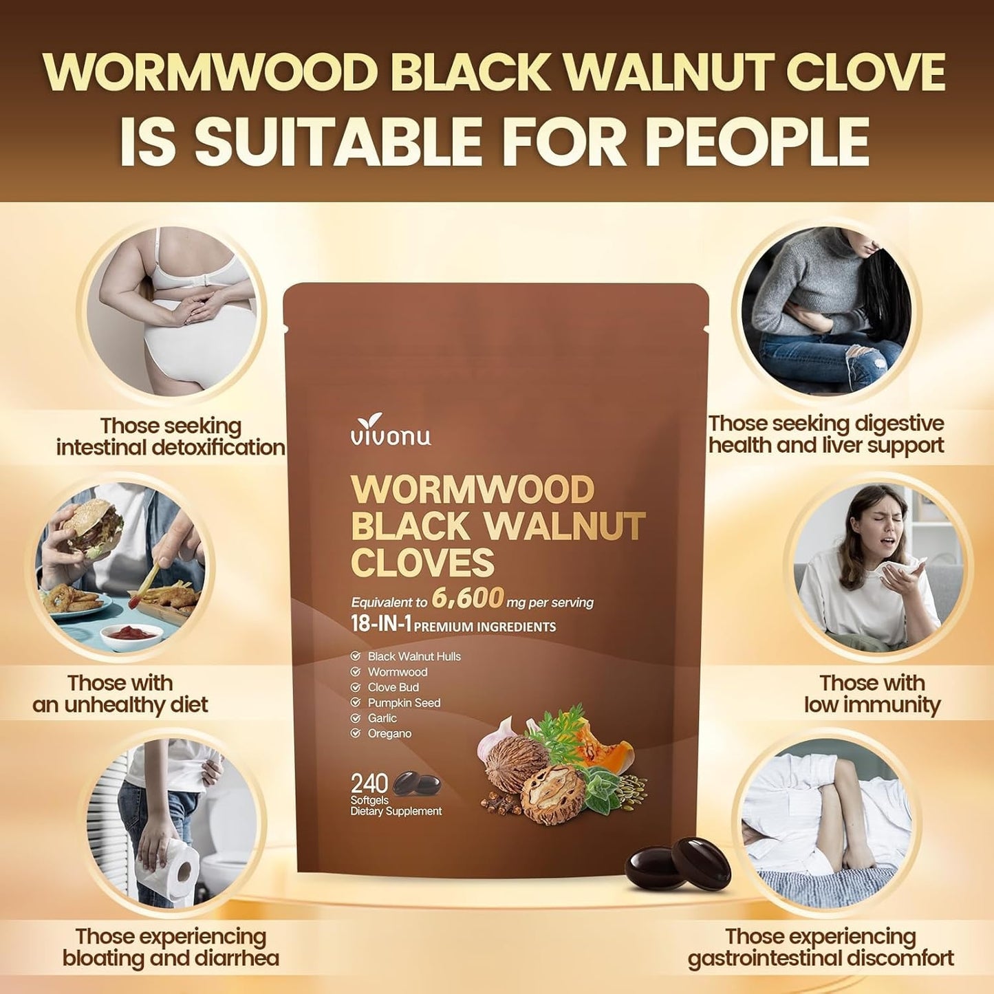 18-in-1 Black Walnut Wormwood Cleanse for Humans, 80 Day Supply, 6600mg Serving, Rapid Gut Cleanse & Digestive Health with Clove, Garlic, Turmeric, Pumpkin Seed, Oregano, Berberine & More 240 Softgels