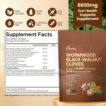18-in-1 Black Walnut Wormwood Cleanse for Humans, 80 Day Supply, 6600mg Serving, Rapid Gut Cleanse & Digestive Health with Clove, Garlic, Turmeric, Pumpkin Seed, Oregano, Berberine & More 240 Softgels