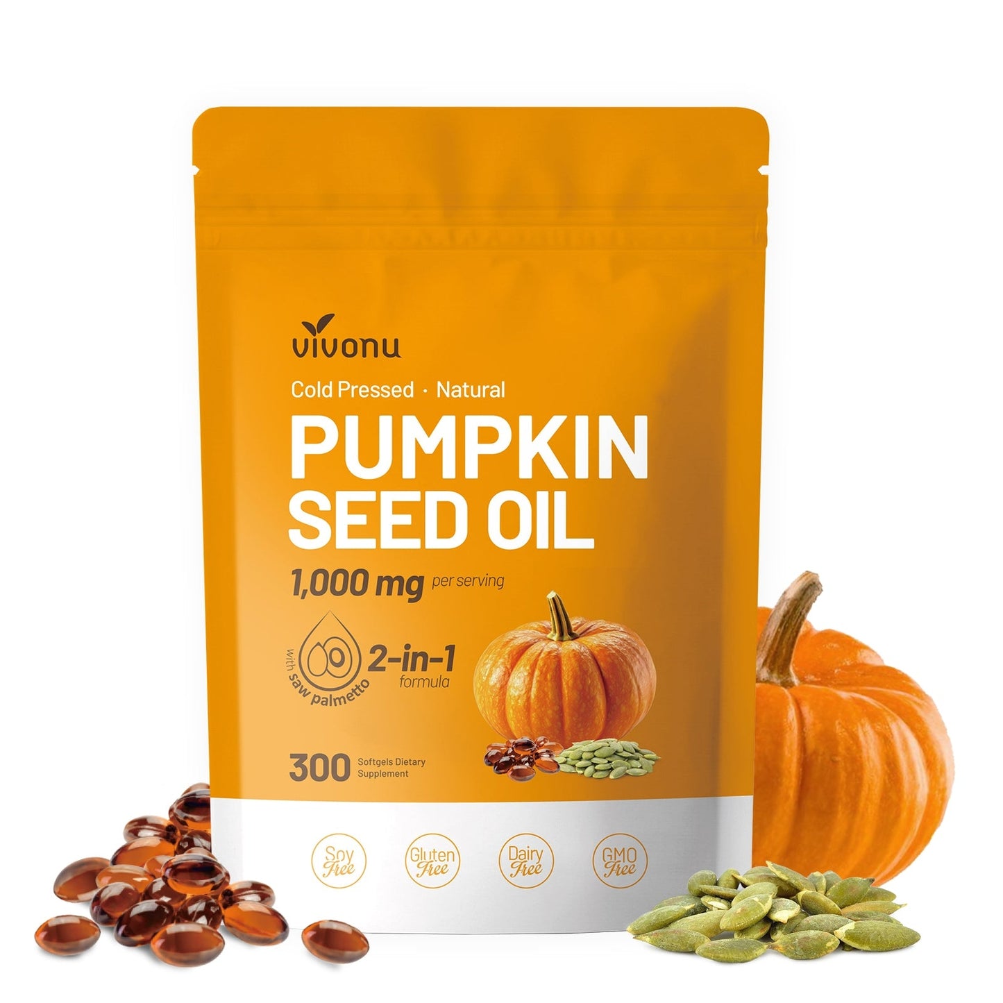 VivoNu Pumpkin Seed Oil with Saw Palmetto Capsules | Cold Pressed, Pure Virgin Oil, Essential Fatty Acids & Phytosterols | 300 SoftgelsSupports Hair, Urinary, Bladder & Prostate Health | Non-GMO