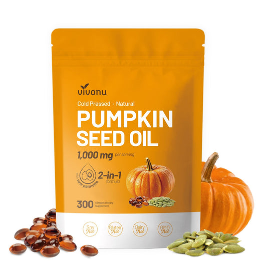 VivoNu Pumpkin Seed Oil with Saw Palmetto Capsules | Cold Pressed, Pure Virgin Oil, Essential Fatty Acids & Phytosterols | 300 SoftgelsSupports Hair, Urinary, Bladder & Prostate Health | Non-GMO